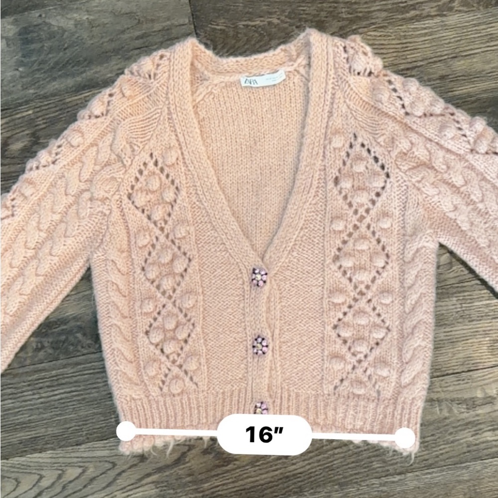 Zara Blush Pink Fuzzy Cable Knit Cardigan with Cute Buttons - Picture 13 of 16